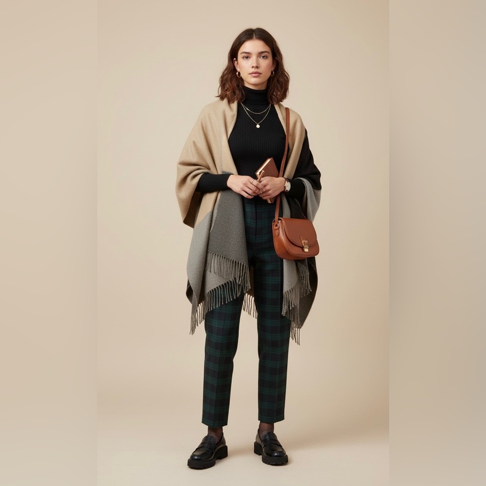 Dark Academia Shawl Neutral Colorblock Fringe Cozy Wrap